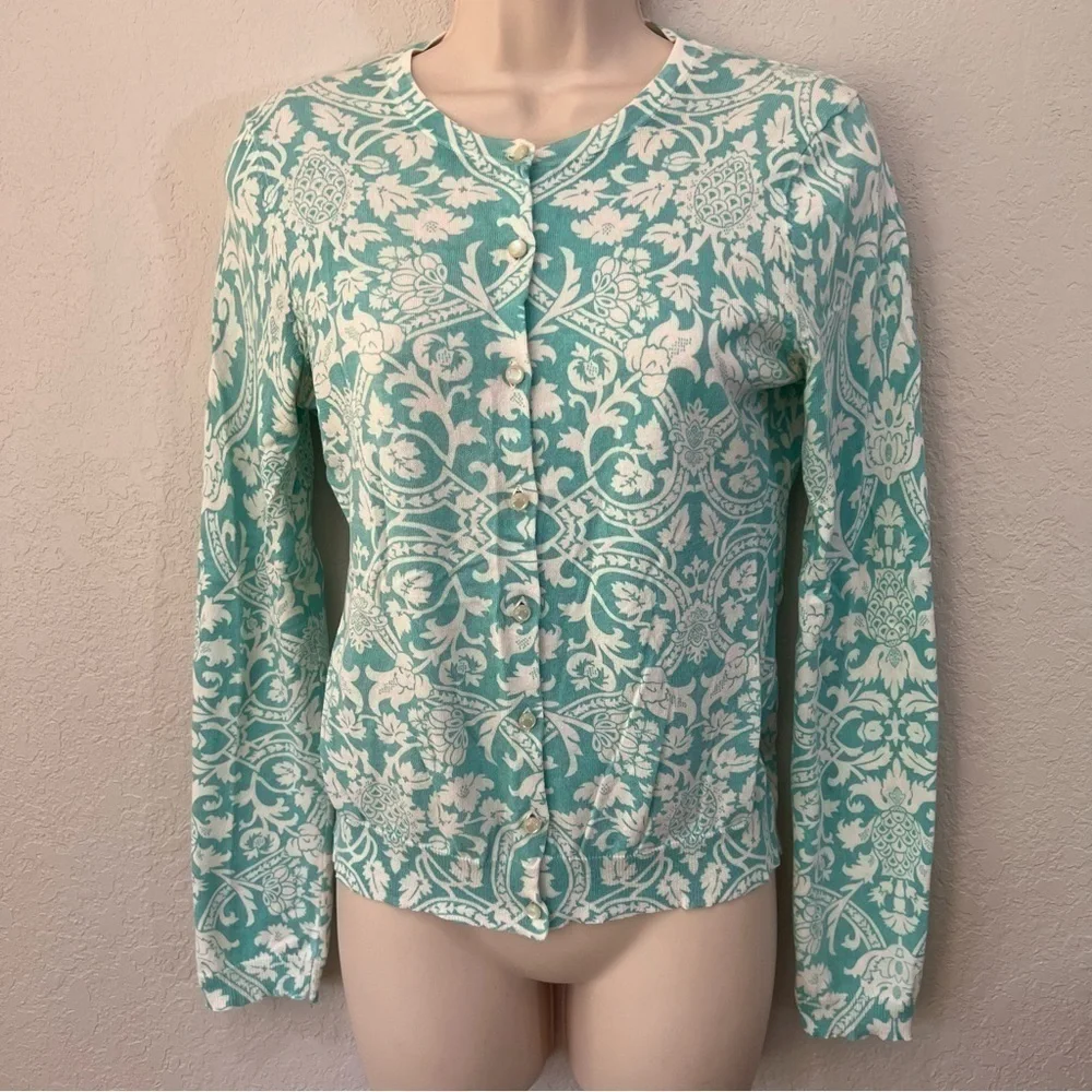 𝅺ann Taylor LOFT teal & white detailed button up sweater, S, floral pineapples. - Picture 5 of 13